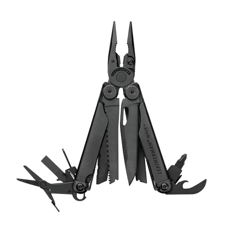 Translation missing: fr.Black Leatherman Wave® Plus multi-tool with pliers, blades, and multiple tools displayed in an open position