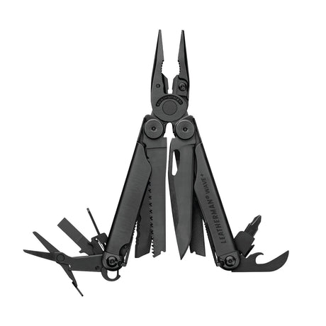 Translation missing: it.Black Leatherman Wave® Plus multi-tool with pliers, blades, and multiple tools displayed in an open position
