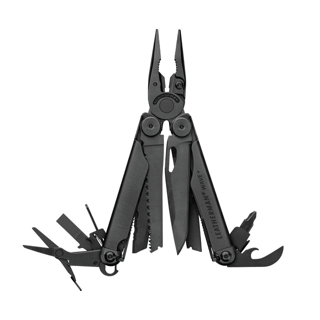 Translation missing: es.Black Leatherman Wave® Plus multi-tool with pliers, blades, and multiple tools displayed in an open position
