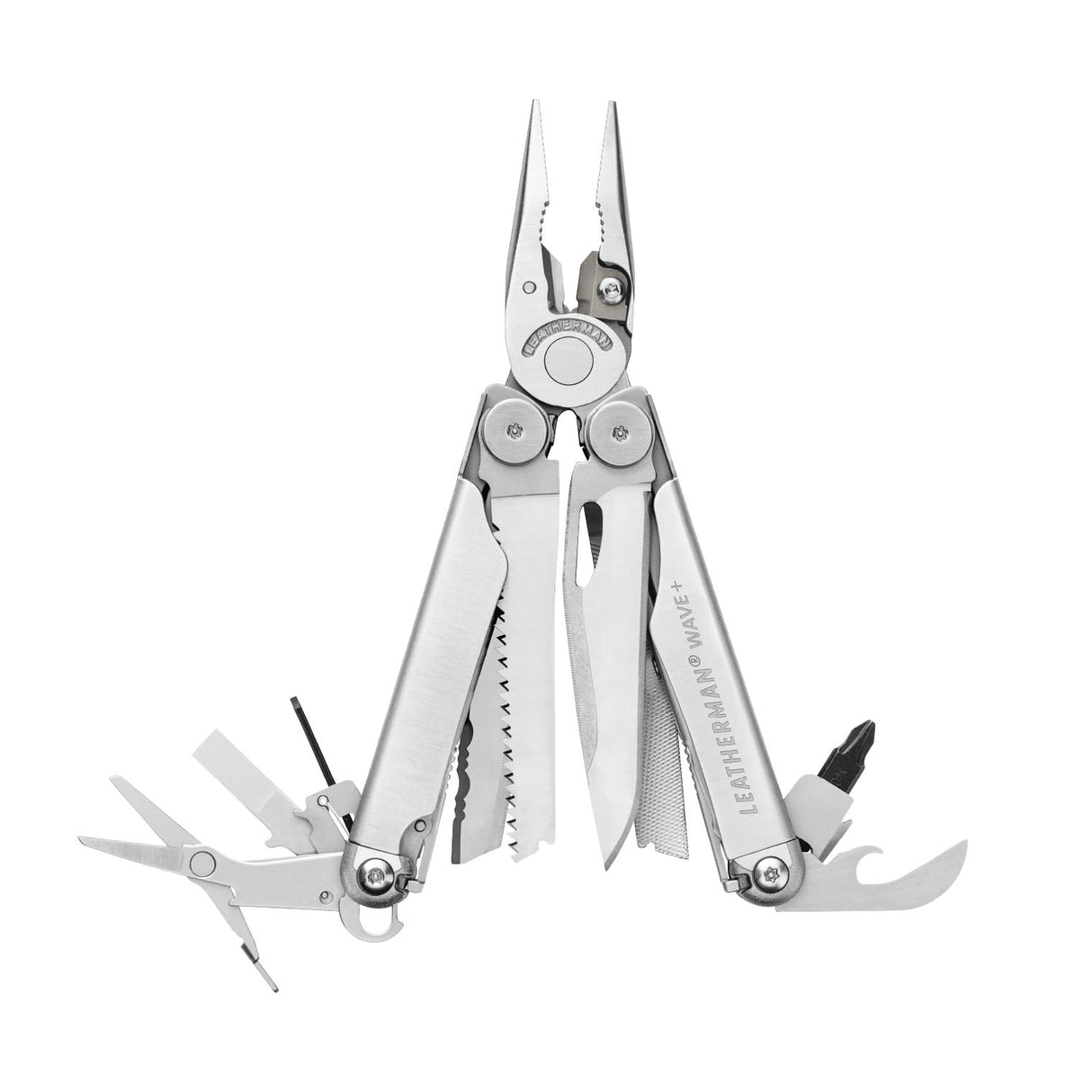 Translation missing: es.Stainless steel Leatherman Wave® Plus multi-tool with pliers and various blades, ideal for DIY, home repairs, and jobsite use