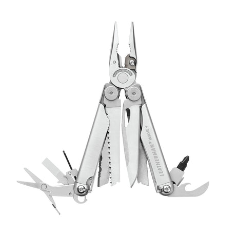 Translation missing: nl.Stainless steel Leatherman Wave® Plus multi-tool with pliers and various blades, ideal for DIY, home repairs, and jobsite use