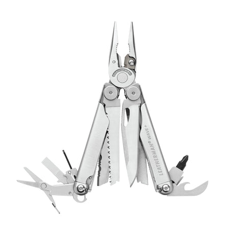 Translation missing: it.Stainless steel Leatherman Wave® Plus multi-tool with pliers and various blades, ideal for DIY, home repairs, and jobsite use