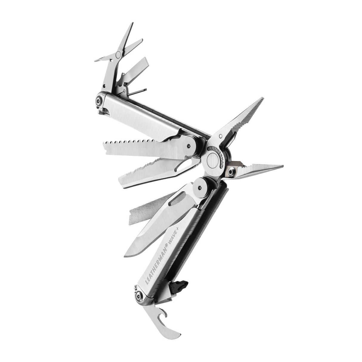 Translation missing: es.Stainless steel Leatherman Wave® Plus multitool beauty image showing the various tools and features