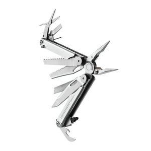 Translation missing: fr.Stainless steel Leatherman Wave® Plus multitool beauty image showing the various tools and features
