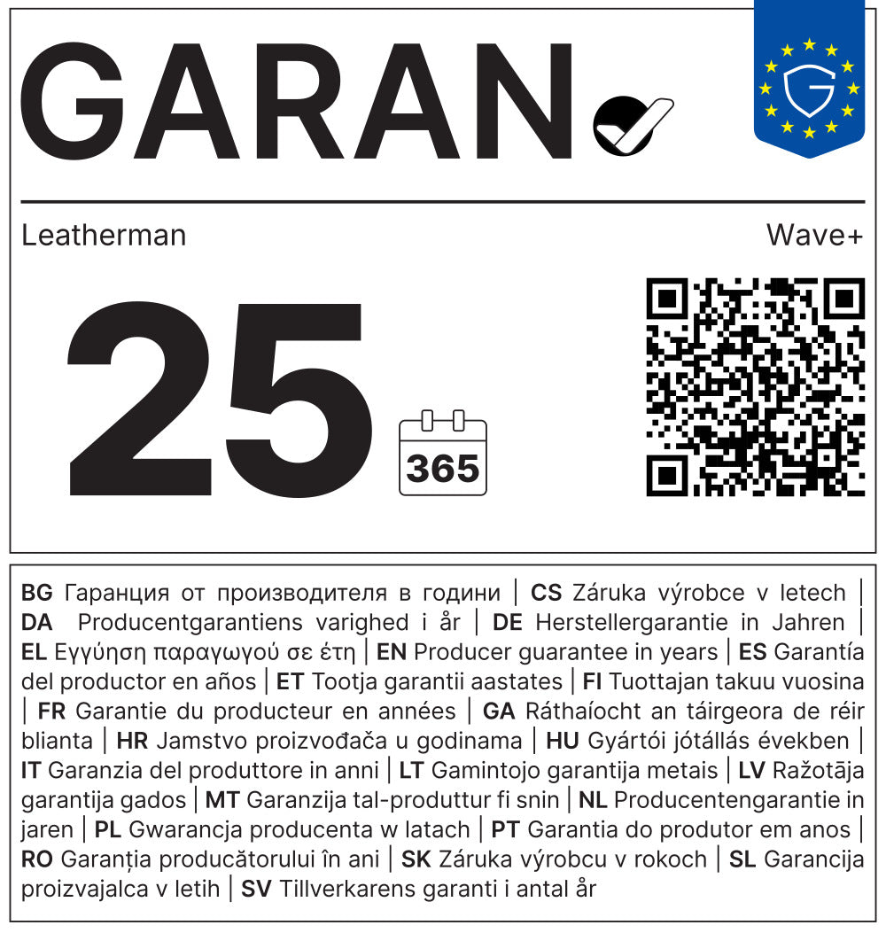 Translation missing: nl.Leatherman Wave+ warranty label showing 25-year guarantee with QR code and multilingual text