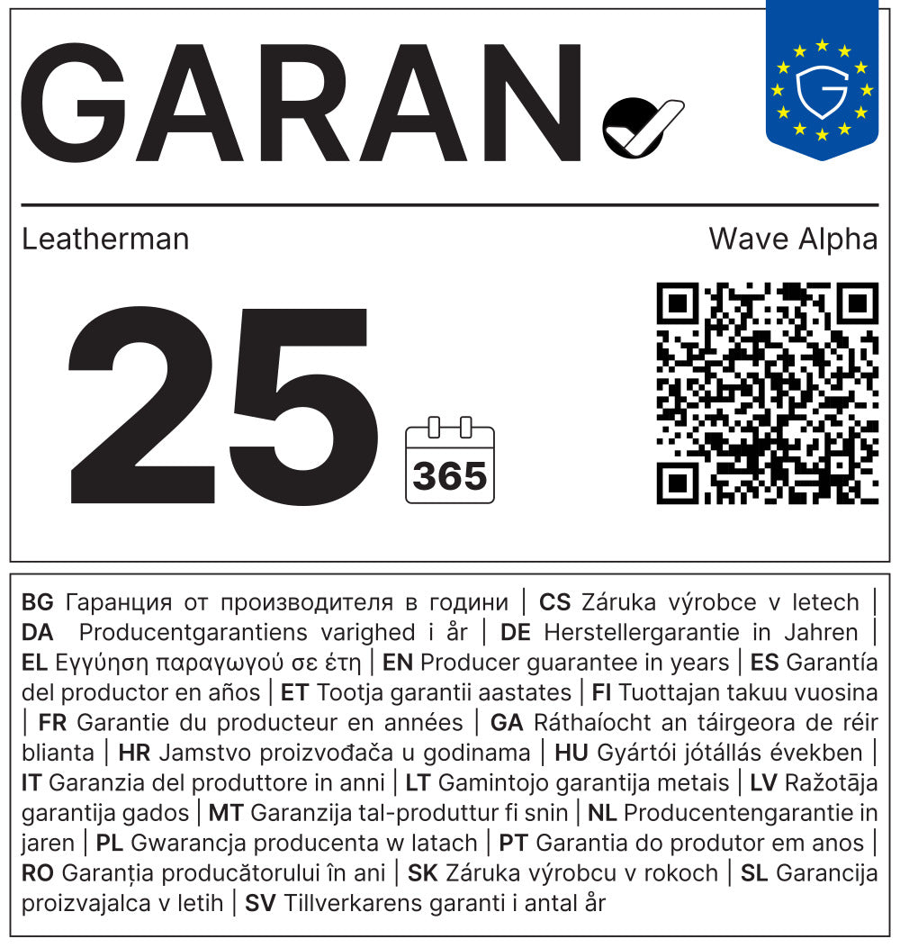 Translation missing: fr.Leatherman Wave Alpha warranty card showing 25-year producer guarantee and QR code