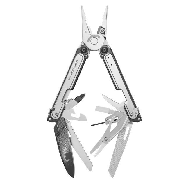 Translation missing: en.Leatherman ARC® multi‑tool, shown open with pliers, integrated tools, and engraved knife blade